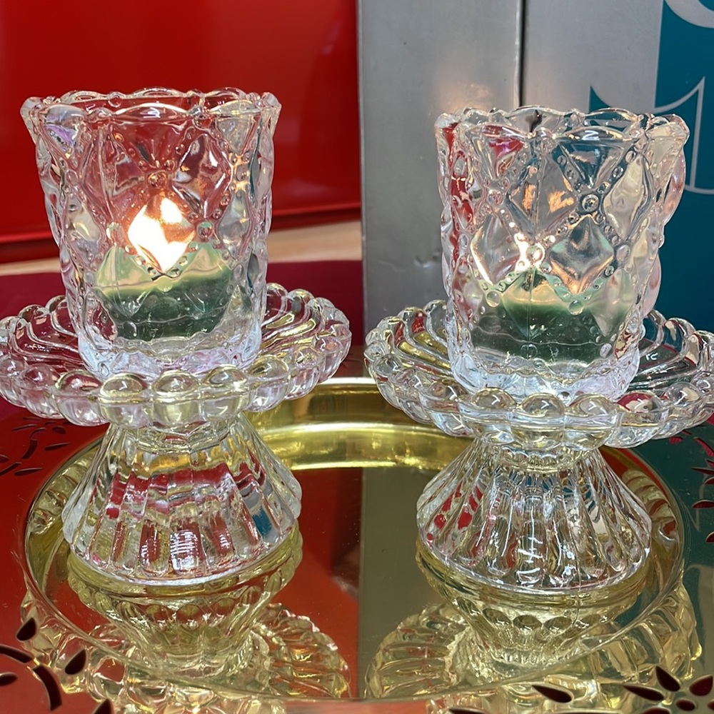 PartyLite QUILTED CRYSTAL PAIR OF TAPER\VOTIVE OR TEALIGHT CANDLE HOLDERS-NIB